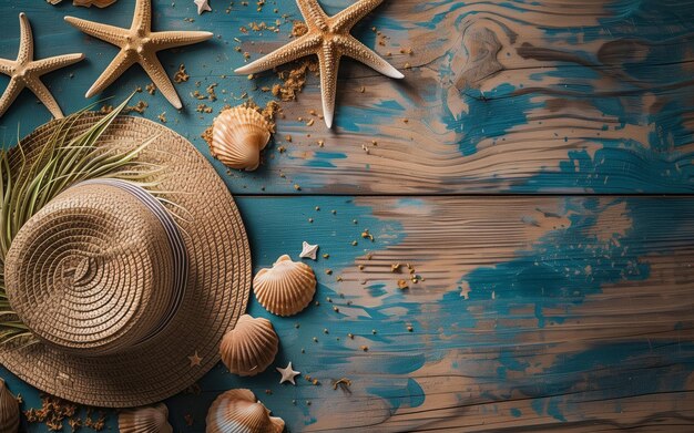 Photo accessoires de plage sur planche en bois avec espace de copie