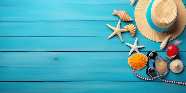 Photo accessoires de plage sur une surface bleue concept d'été et de vacances