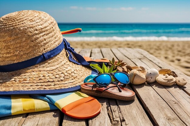 Des accessoires de plage sur la table Sur les vacances d'été à la plage