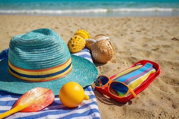 Des accessoires de plage sur la table Sur les vacances d'été à la plage