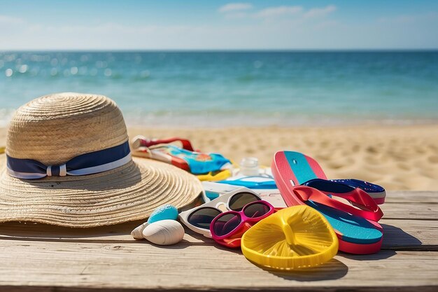 Des accessoires de plage sur la table Sur les vacances d'été à la plage