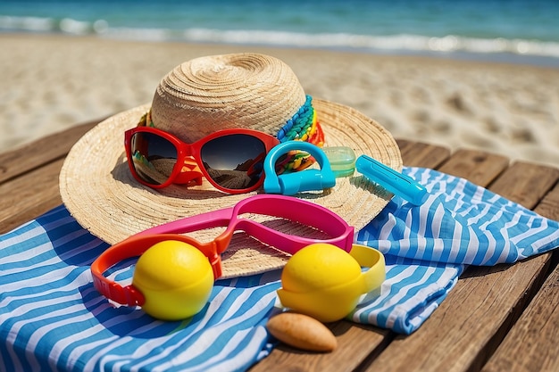 Des accessoires de plage sur la table Sur les vacances d'été à la plage