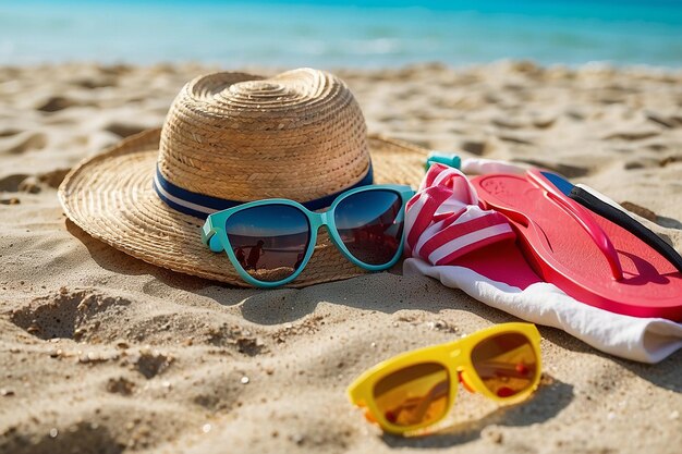 Des accessoires de plage sur la table Sur les vacances d'été à la plage