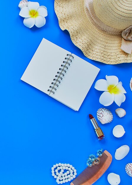 Accessoires de plage voyageur d&#39;été sur fond bleu