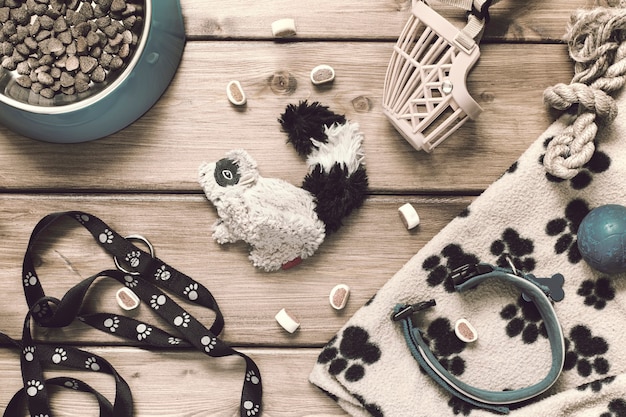 Accessoires pour animaux de compagnie - collier, laisse, museau, bol de nourriture, jouets, tapis sur fond en bois dans un style vintage. Mise à plat