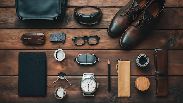 Les accessoires pour hommes sur la table en bois