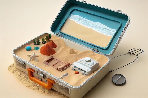 Photo accessoires de préparation de plage en valise sur sable generative ai