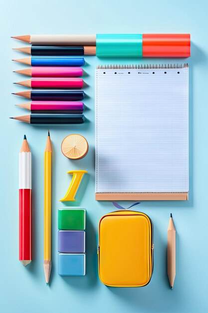 Accessoires scolaires sur fond de grille Retour à l'école à plat