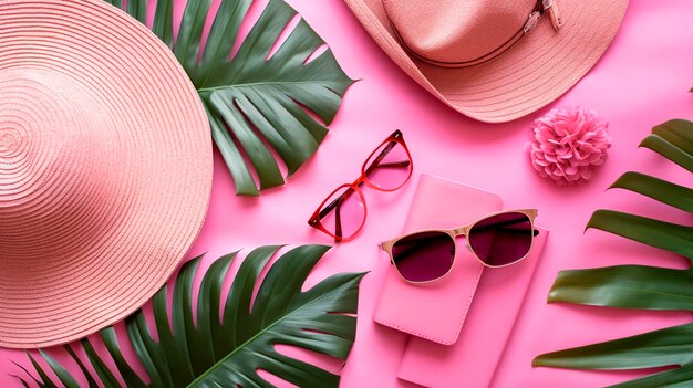 Accessoires tropicaux Flatlay pour les vacances d'été en rose vibrant AI générative