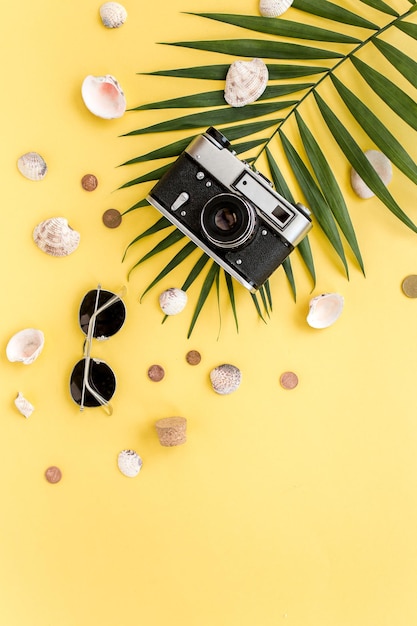 Accessoires de voyage sur fond jaune avec appareil photo en feuille de palmier et lunettes de soleil vue de dessus plate arrière-plan d'été