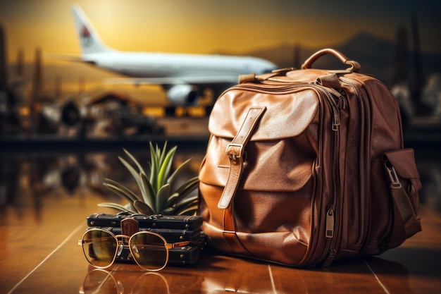 Accessoires de voyage sur le plancher en bois devant le fond de l'avion