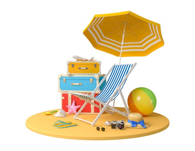 Accessoires de voyageur, accessoires de vacances de vacances d'été de voyage de plage sur fond blanc avec chemin de détourage, rendu 3d