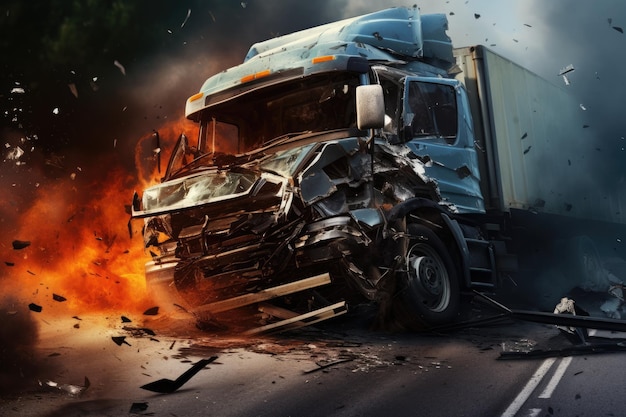 Accident dangereux sur la route avec un camion au premier plan Accident de voiture avec un camion TIR sur la route AI généré