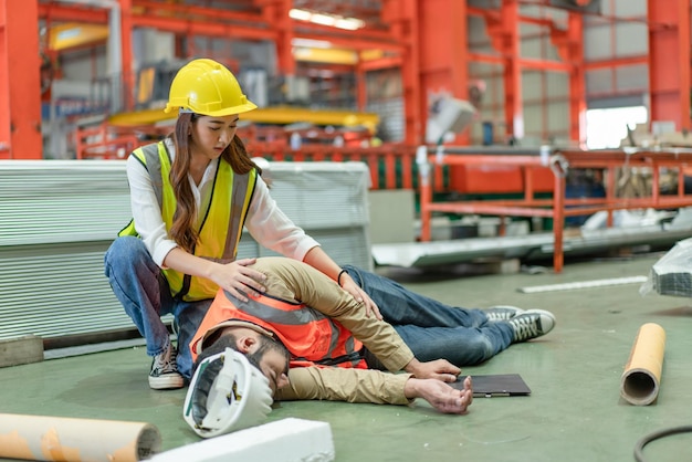 Accident d'ingénieur asiatique allongé inconscient sur le sol alors qu'il travaillait en usine
