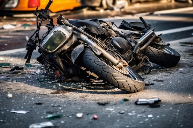 Accident de moto, vélo cassé dans la rue après l'accident AI