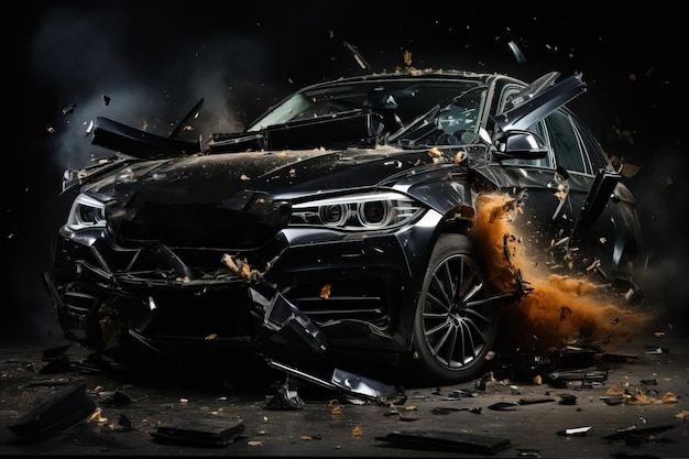 Photo accident de voiture cassé carrosserie endommagée métal technologie d'assurance-vie voiture noire fond noir ia