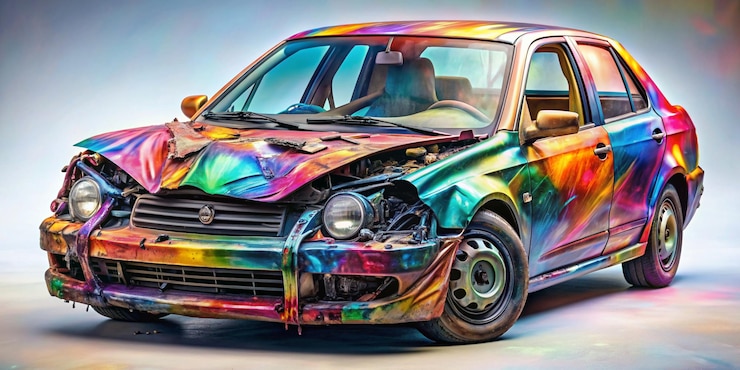 Photo l'accident de voiture déforme et est creux sur la carrosserie de la voiture de couleur vibrante style