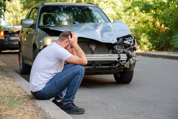 Accident de voiture. Homme tenant sa tête après un accident de voiture. L'homme regrette les dommages causés lors d'un accident de voiture. L'homme conducteur est indigné a eu un accident sur la route. Blessure à la tête coup à la tête.