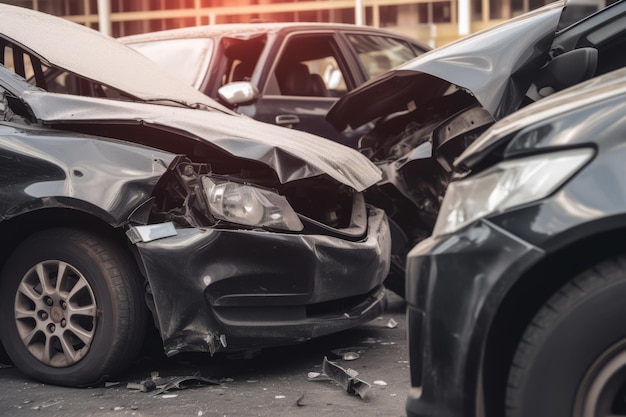 Un accident de voiture impliquant plusieurs véhicules causant des dommages Automobiles endommagés après la collision Illustration d'IA générative