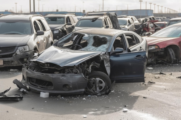 Un accident de voiture impliquant plusieurs véhicules causant des dommages Automobiles endommagés après la collision Illustration d'IA générative