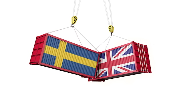 Accord commercial entre le Royaume-Uni et la Suède Conteneurs de fret en conflit Rendu 3D