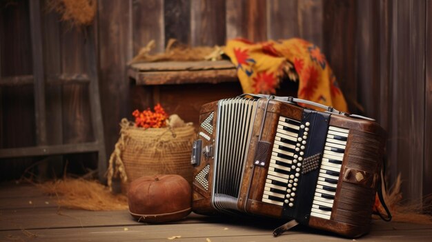 Photo l'accordéon altéré repose sur un sol en bois rustique