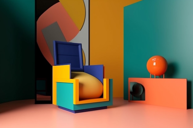 Accueil canapé vide coloré fauteuil intérieur art design chambre géométrique memphis Generative AI