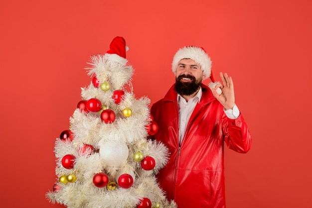 Achat et livraison de conifères la veille de noël, le père noël avec un arbre de noël montre un signe ok