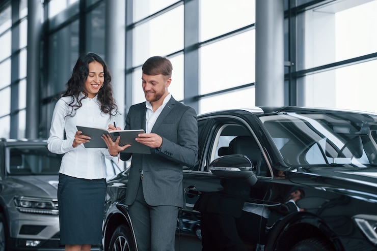 Photo achat presque terminé. cliente féminine et homme d'affaires barbu élégant et moderne dans le salon automobile.