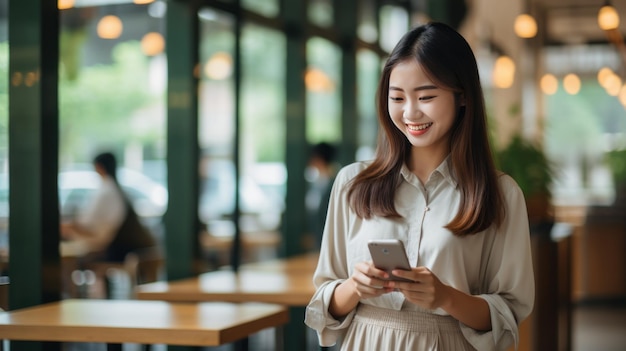 Achats de café et sérénité Une femme asiatique embrasse les joies des achats en ligne dans une société tranquille