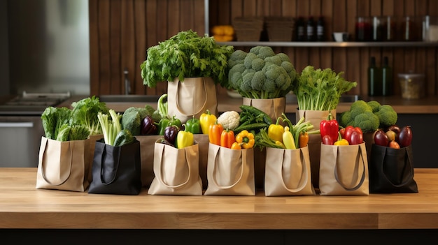 Des achats d'épicerie durables avec des légumes et des fruits croustillants dans des sacs écologiques bien disposés sur une riche surface d'acajou