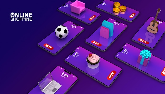 Achats en ligne, application mobile, illustration de rendu 3D