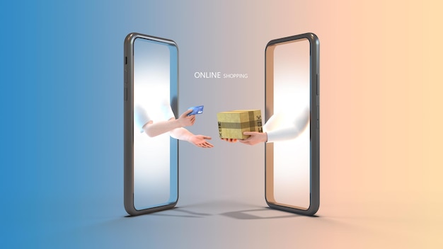 Photo achats en ligne sur le smartphone une main tenant une carte de crédit et une main tenant un produit 3d