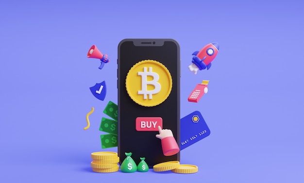 acheter bitcoin illustration 3d acheter crypto-monnaie en ligne avec concept mobile rendu 3d