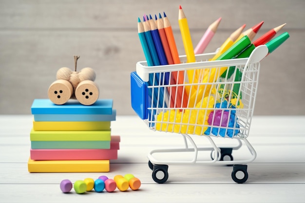 Acheter des fournitures scolaires Papeterie pour les enfants dans un panier sur fond de bois blanc