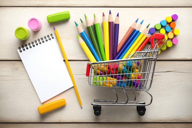 Acheter des fournitures scolaires Papeterie pour les enfants dans un panier sur fond de bois blanc