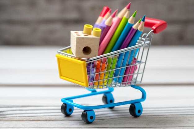 Acheter des fournitures scolaires Papeterie pour les enfants dans un panier sur fond de bois blanc