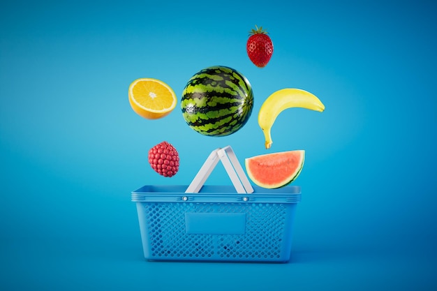 Acheter des fruits dans le panier alimentaire du magasin et des fruits sur fond bleu rendu 3D
