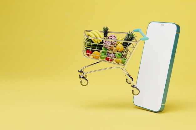 Acheter des fruits sur Internet un smartphone à partir duquel un chariot de fruits s'envole copier coller copier l'espace