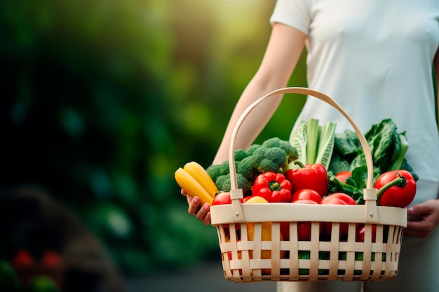 acheteur tenant un panier d'épicerie de légumes frais Créé avec la technologie d'IA générative