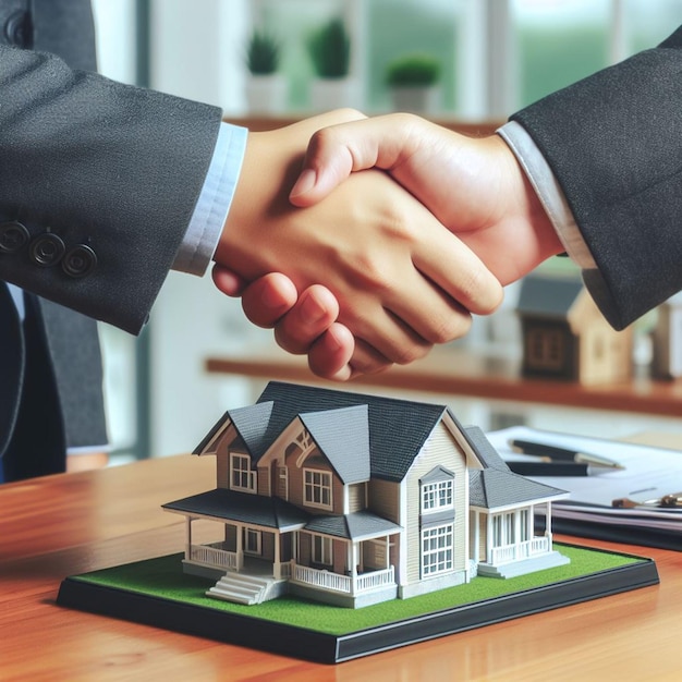 Acheteur et vendeur se serrent la main sur le concept immobilier de maison modèle