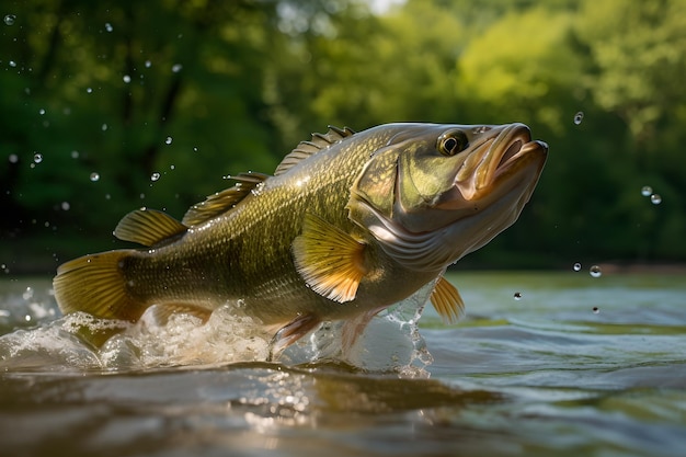 Un achigan à grande bouche saute hors de l'eau.