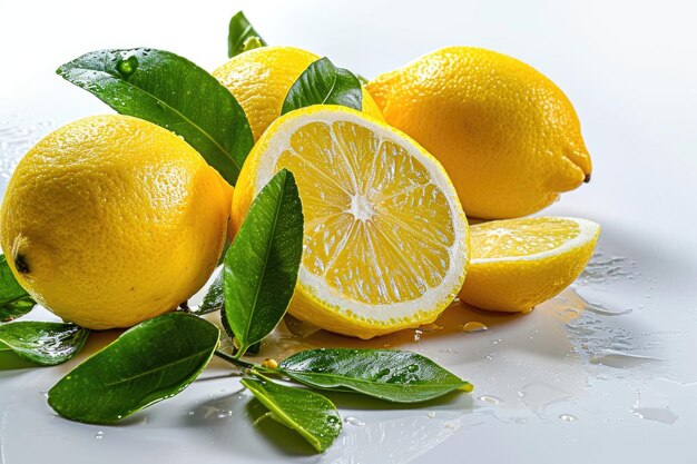 Acide citronné et fruits sur fond blanc