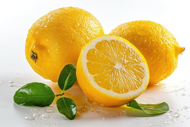Acide citronné et fruits sur fond blanc