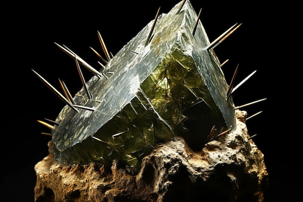 L'actinolite est une pierre naturelle précieuse rare sur un fond noir générée par l'IA.