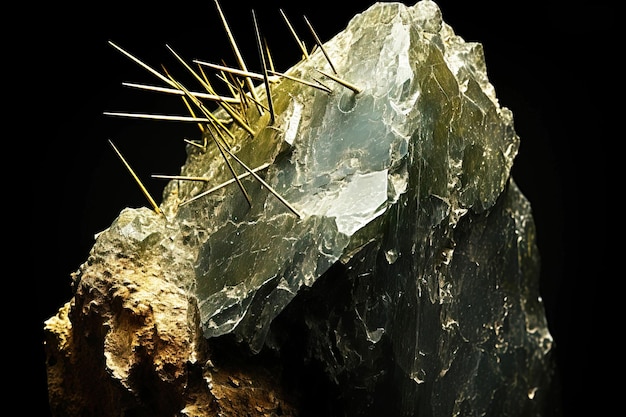 L'actinolite est une pierre naturelle précieuse rare sur un fond noir générée par l'IA.