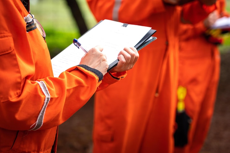 Photo l'action de l'agent de sécurité consiste à écrire sur le document de la liste de contrôle de sécurité lors de l'audit et de l'inspection de sécurité