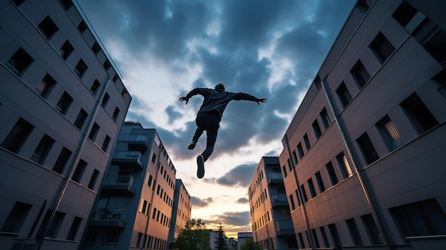 Action de parkour dynamique capturée dans les airs