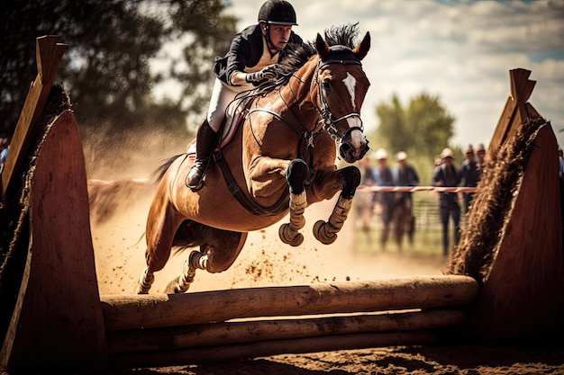 Actionshot d'un cavalier sautant par-dessus un obstacle pendant la course