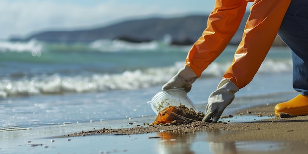 activiste écologiste nettoyant les ordures de la plage IA générative